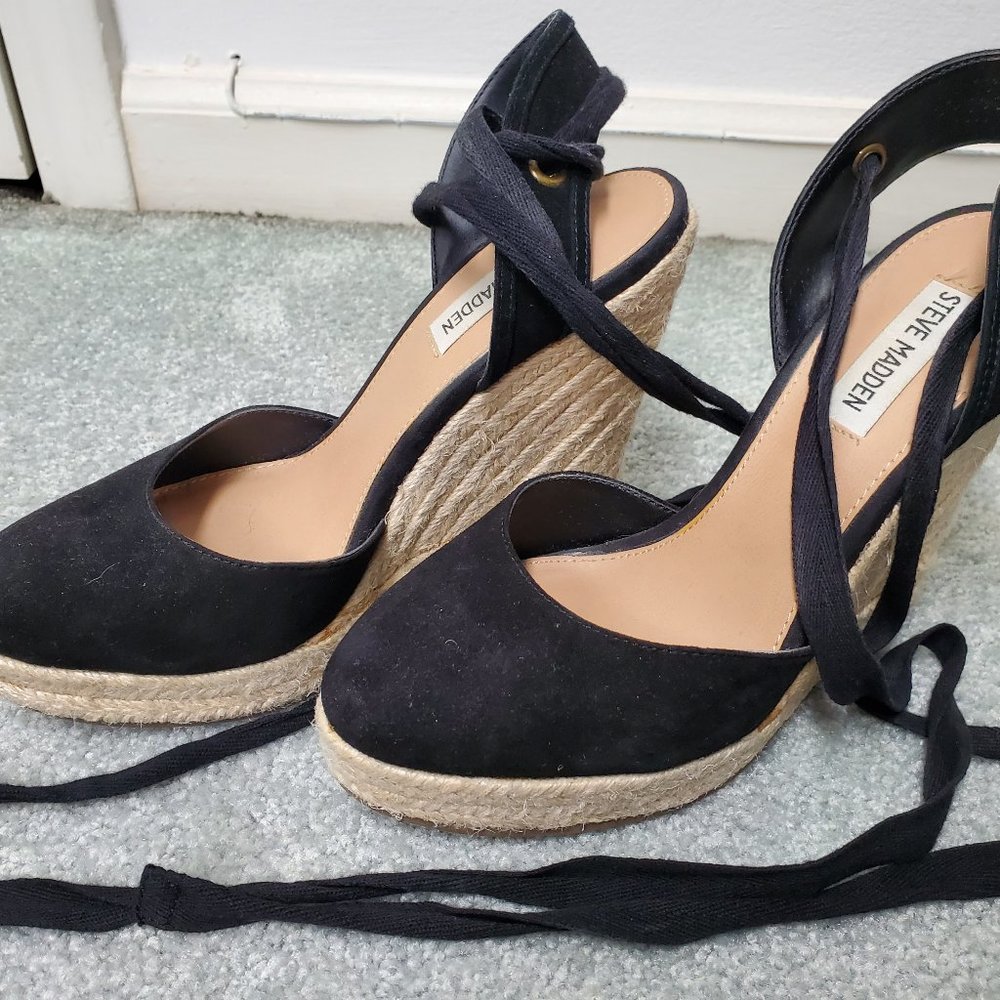 Steve Madden Black Suede Espadrille Wedge Sandal